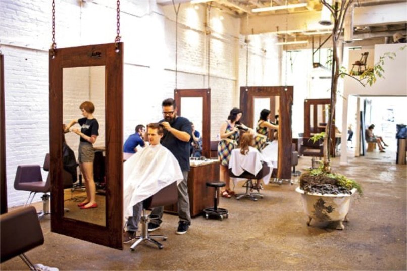 A busy salon named Loxxie Hair, featuring clients in chairs and mirrors reflecting their hairstyles.